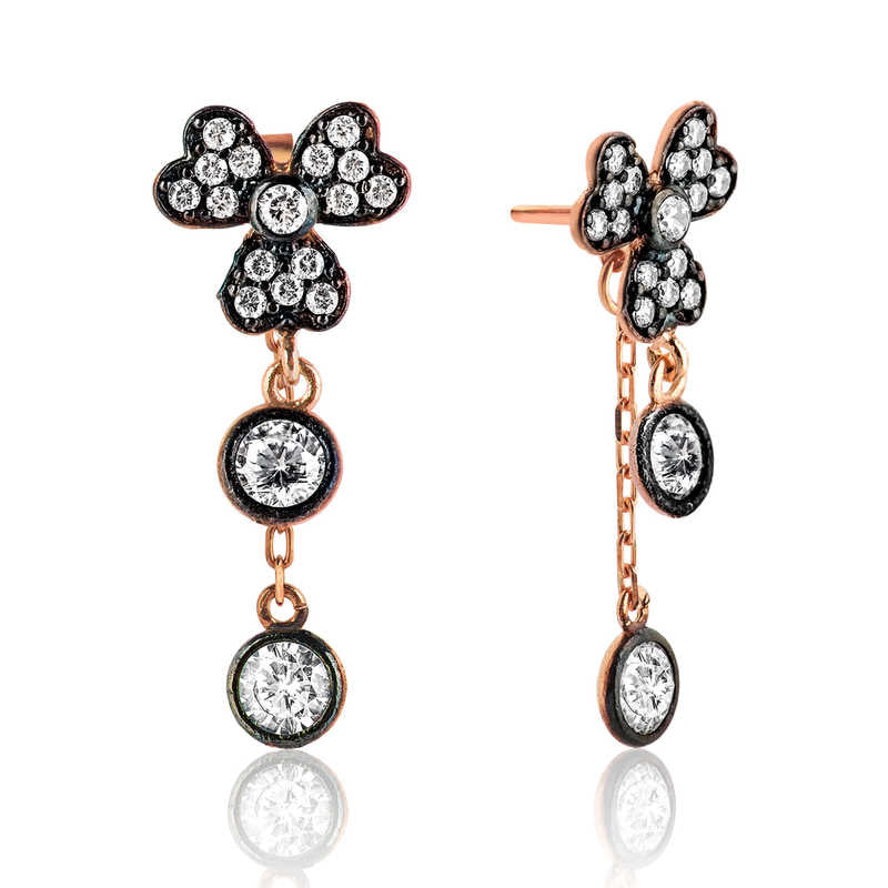 Clover Dangle Earrings - Rose Gold Plated Silver & Diamond Simulants