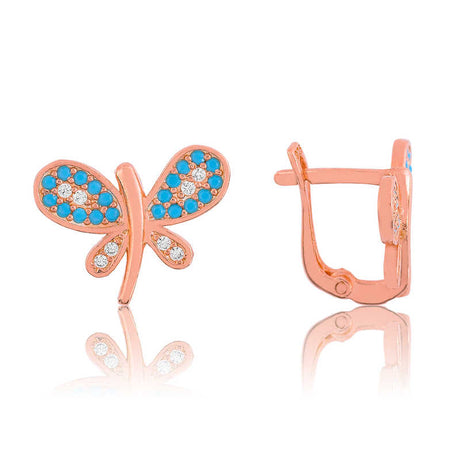 Rose Gold Plated Butterfly Lever Back Earrings - Blue & White Stones
