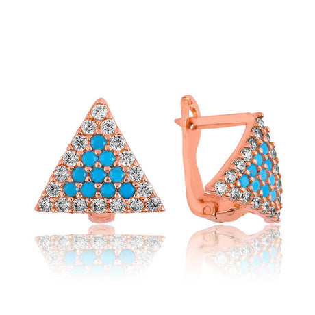 Rose Gold Tone Triangle Leverback Earrings - Turquoise & Zirconia