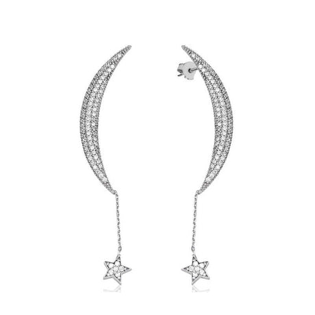 Sterling Silver Cubic Zirconia Celestial Moon & Star Dangle Earrings