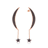 Drop Earrings - Rose Gold Tone Black Zircon Crescent Moon & Star