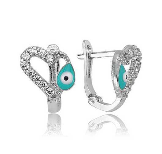 Sterling Silver Heart Hoop Earrings with Sparkling CZ and Evil Eye Charm