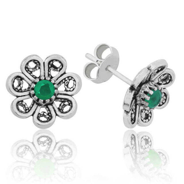 Sterling Silver - Green Stone Filigree Flower Stud Earrings