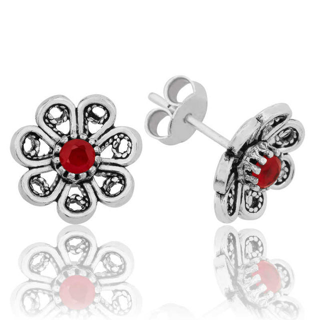 Stud Earrings - Sterling Silver Filigree Red Stone Floral