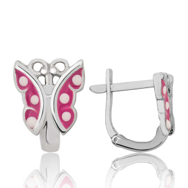 Sterling Silver Pink Butterfly Children's Enamel Leverback Earrings