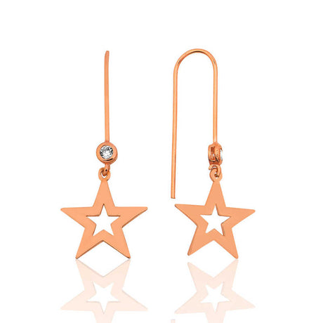 Rose Gold Tone Star Dangle Earrings - Minimalist with CZ Accent