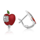 Children's Earrings - Silver-Tone Red Enamel Apple with CZ Accents