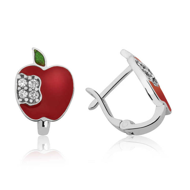 Children's Earrings - Silver-Tone Red Enamel Apple with CZ Accents