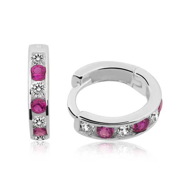 Children's Sterling Silver Pink & White Gemstone Huggie Hoop Earrings