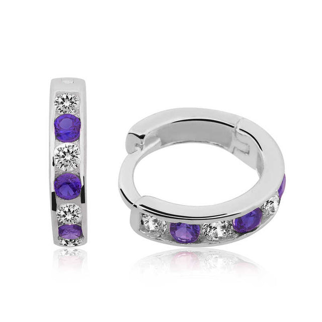 Children's Silver Hoop Earrings - Purple & Clear Stone Channel Set