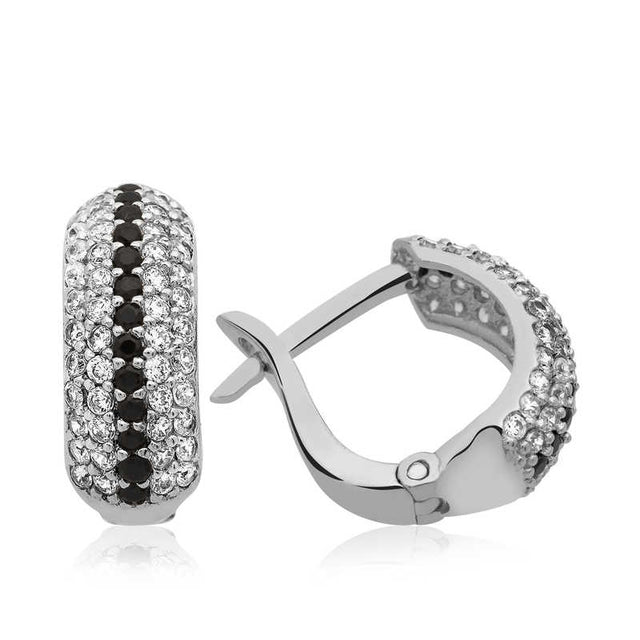 Sterling Silver Black & White Zirconia Pavé Huggie Hoop Earrings