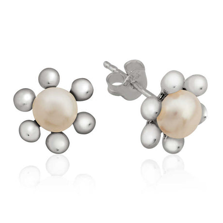 Sterling Silver Pearl Flower Stud Earrings