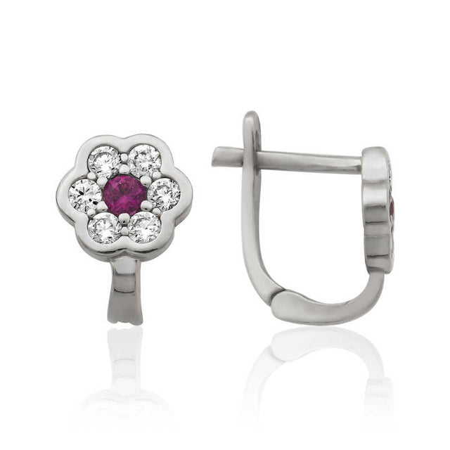 Sterling Silver - Dainty Flower Fuchsia Gemstone & CZ Earrings