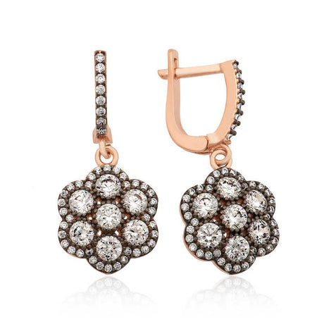 Rose Gold Plated Silver - Sparkling Floral Diamond-Style Drop Earrings