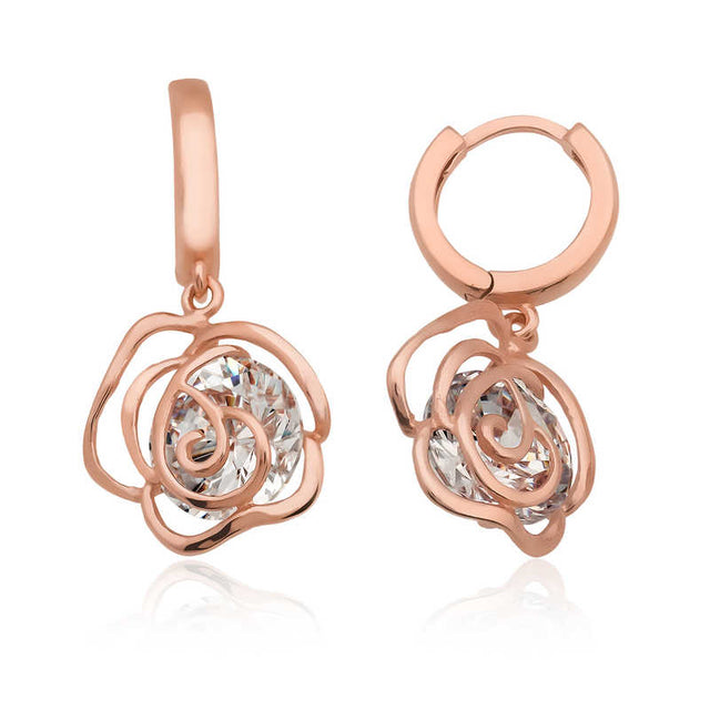 Drop Earrings - Rose Gold Tone Crystal Rose Floral Design