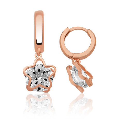 Hoop Earrings - Rose Gold-Tone Star Charm with Dazzling Clear Stone