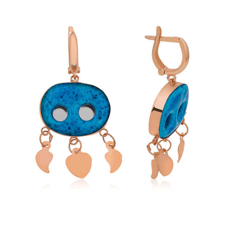 Dangle Earrings - Rose Gold Plated Silver Blue Evil Eye Charm