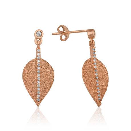 Dangle Earrings - Rose Gold Plated Sterling Silver Leaf & Zirconia