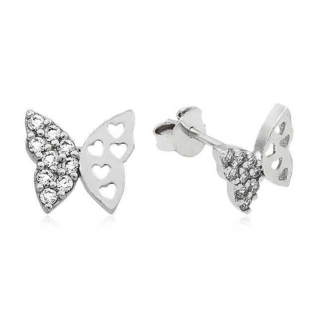 Sterling Silver Butterfly Stud Earrings - Sparkling CZ & Heart Design