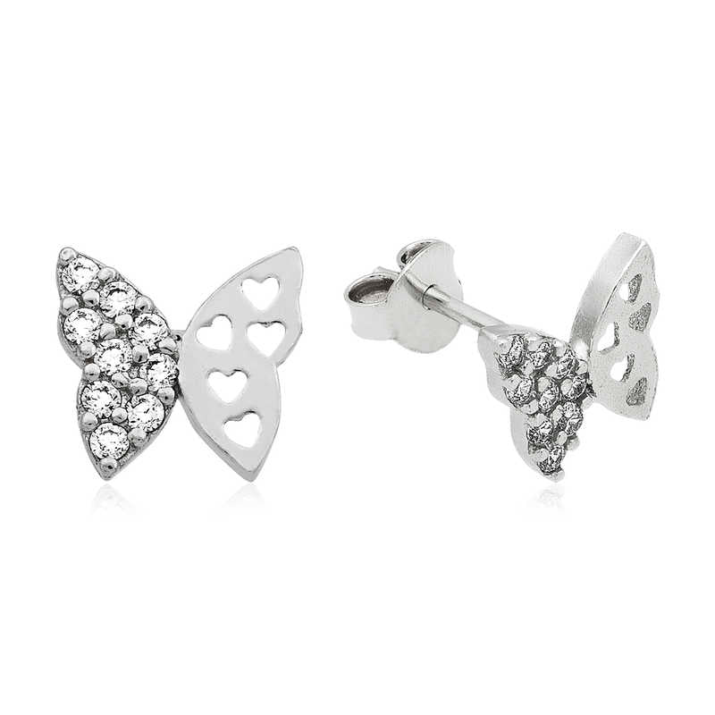 스털링 실버 나비 스터드 귀걸이 - 반짝이는 큐빅 지르코니아 & 하트 디자인
