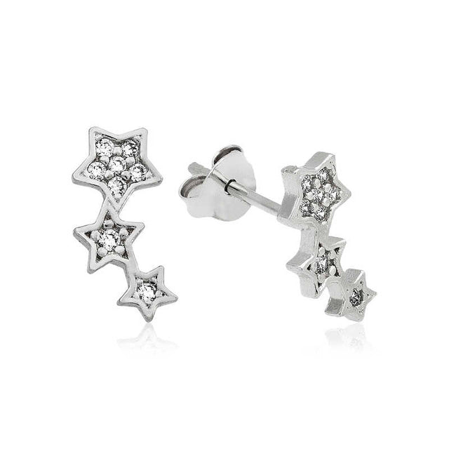 Sterling Silver Cascading Star Stud Earrings with Cubic Zirconia