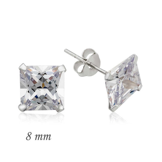 Sterling Silver Stud Earrings - Square Solitaire Cubic Zirconia