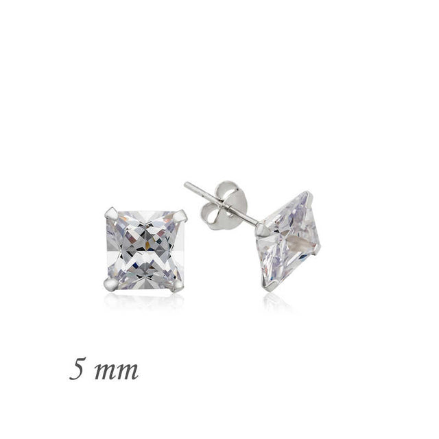 Stud Earrings - Sterling Silver Princess Cut Solitaire Cubic Zirconia