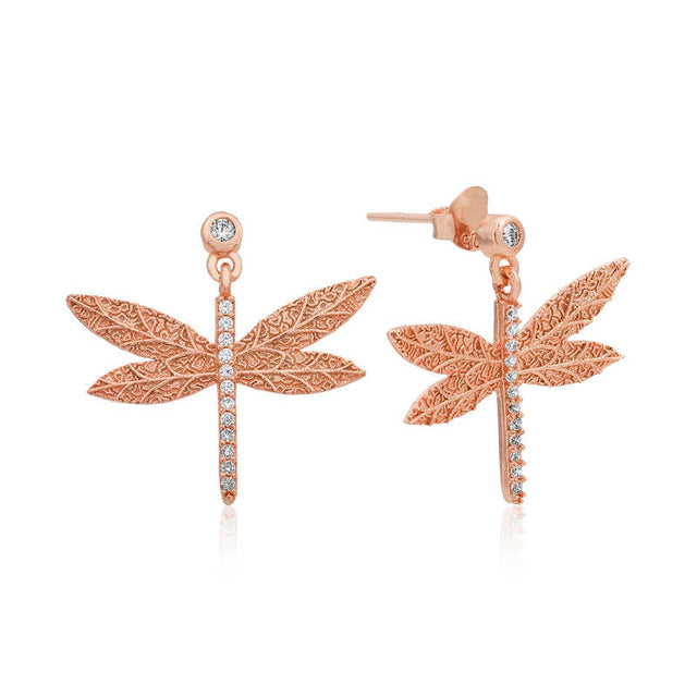 Rose Gold-Tone Dragonfly Drop Earrings - Sparkling Cubic Zirconia