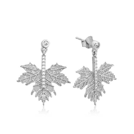 Sterling Silver Zirconia Maple Leaf Dangle Earrings