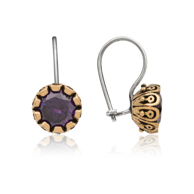 Authentic Silver & Gold-Tone Drop Earrings with Purple Stone