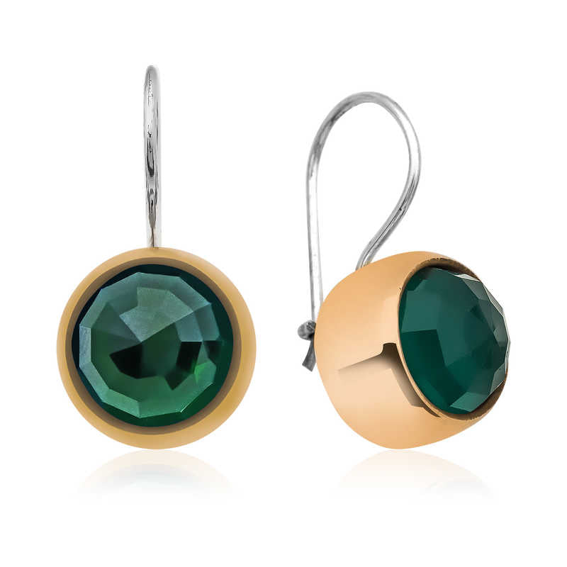 Sterling Silver Dangle Earrings - Emerald Green Stone Gold-Tone Bezel