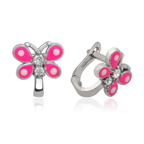 Kids' Sterling Silver Pink Enamel Butterfly & Flower Huggie Earrings