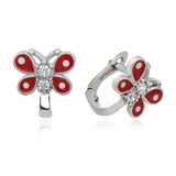 Sterling Silver Red Enamel Butterfly Children's Hoop Earrings with CZ