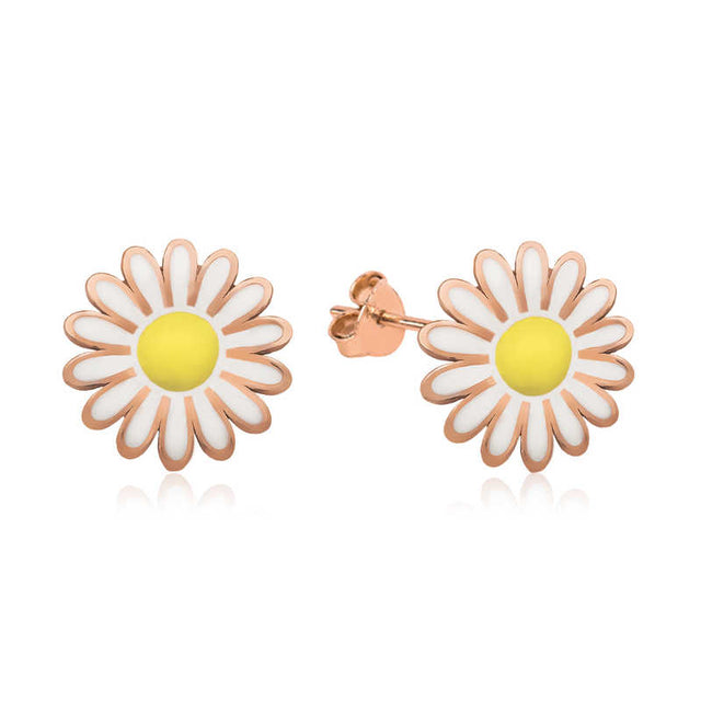 Stud Earrings - Dainty Rose Gold Plated Enamel Daisy Flower