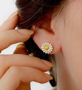 Stud Earrings - Dainty Rose Gold Plated Enamel Daisy Flower