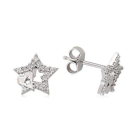 Sterling Silver Pave Star Stud Earrings - Cubic Zirconia Heart Detail