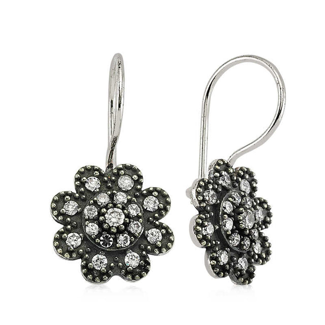 Dangle Earrings - Silver-Tone Zirconia Pave Flower Design