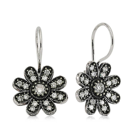 Sterling Silver Floral Dangle Earrings with Sparkling CZ