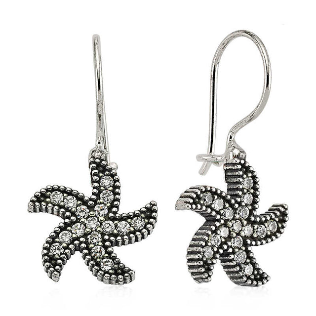 Sterling Silver Starfish Hook Earrings - Sparkling Zirconia