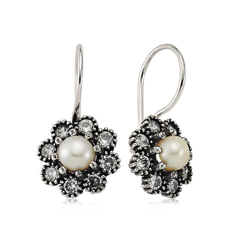 Sterling Silver Floral Hook Earrings - Pearl & Sparkling CZ Design