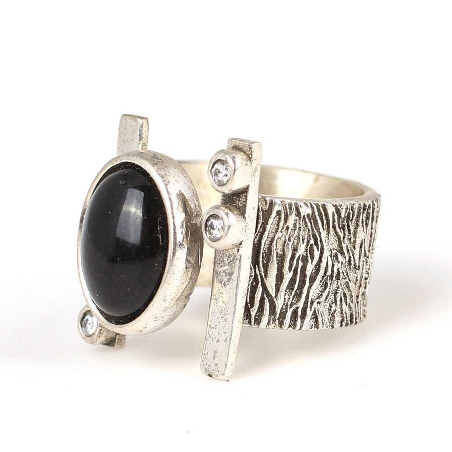 Sterling Silver Tree Bark Textured Ring with Onyx & Zircon Accents