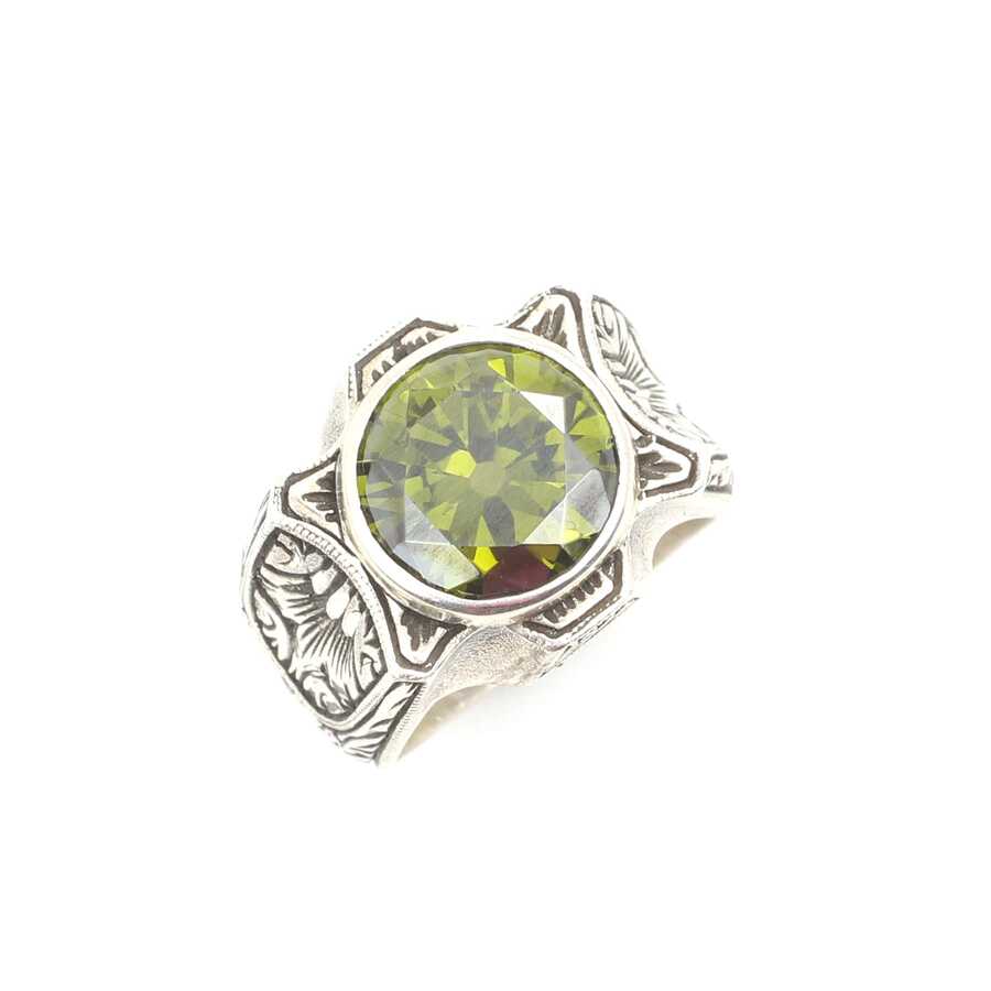 925 Sterling Silver Peridot Men's Ring - Hand-Engraved Design