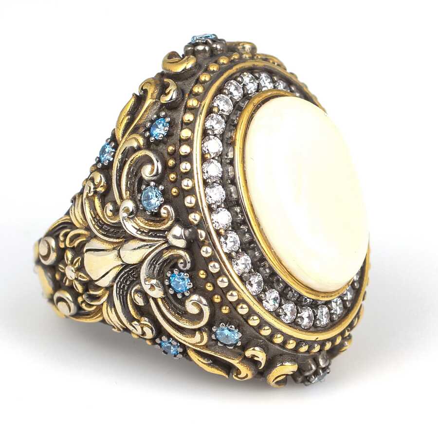 Anillo premium para hombre de plata de ley con circonio marfil y aguamarina