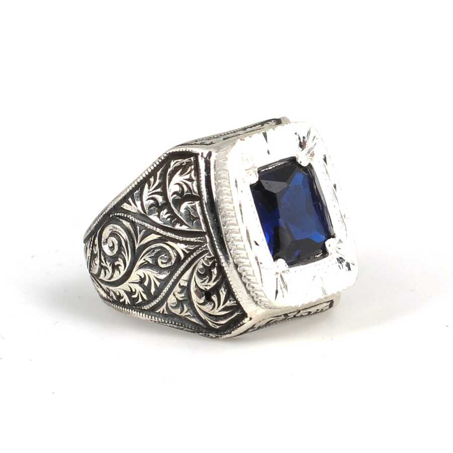 Premium 925 Sterling Silver Hand Engraved Men's Ring with Navy Stone