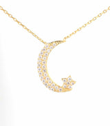 925 Sterling Silver Moon & Star Zircon Pendant Necklace