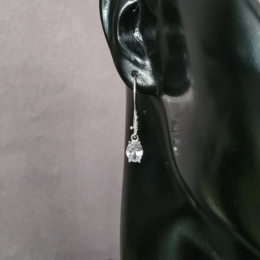 925 Sterling Silver Oval Zircon Dangle Earrings - Petite Design