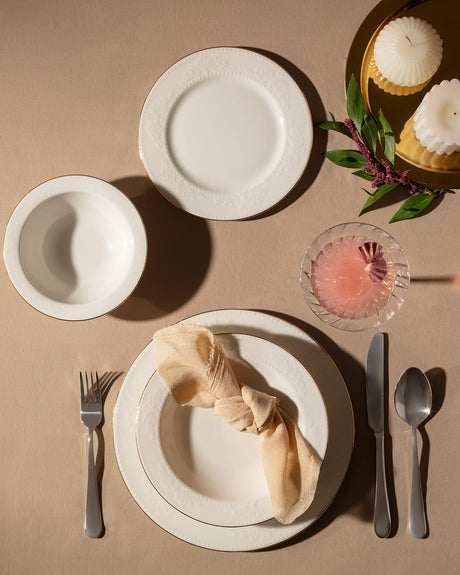 New Bone Porcelain 24-Piece Dinner Set - Elegant Relief & Gold