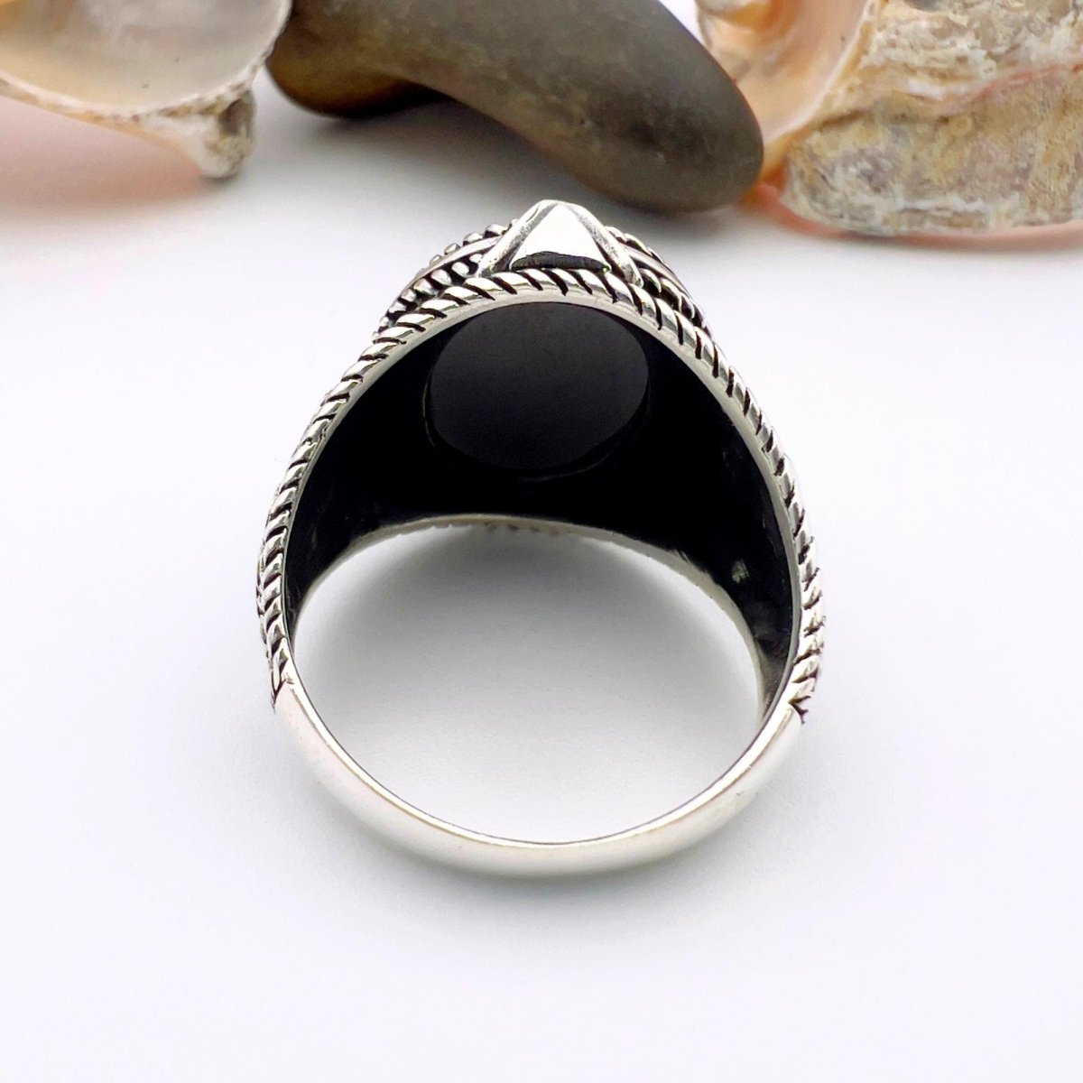 Eagle Detailed Men's Black Zircon Stone Silver Ring