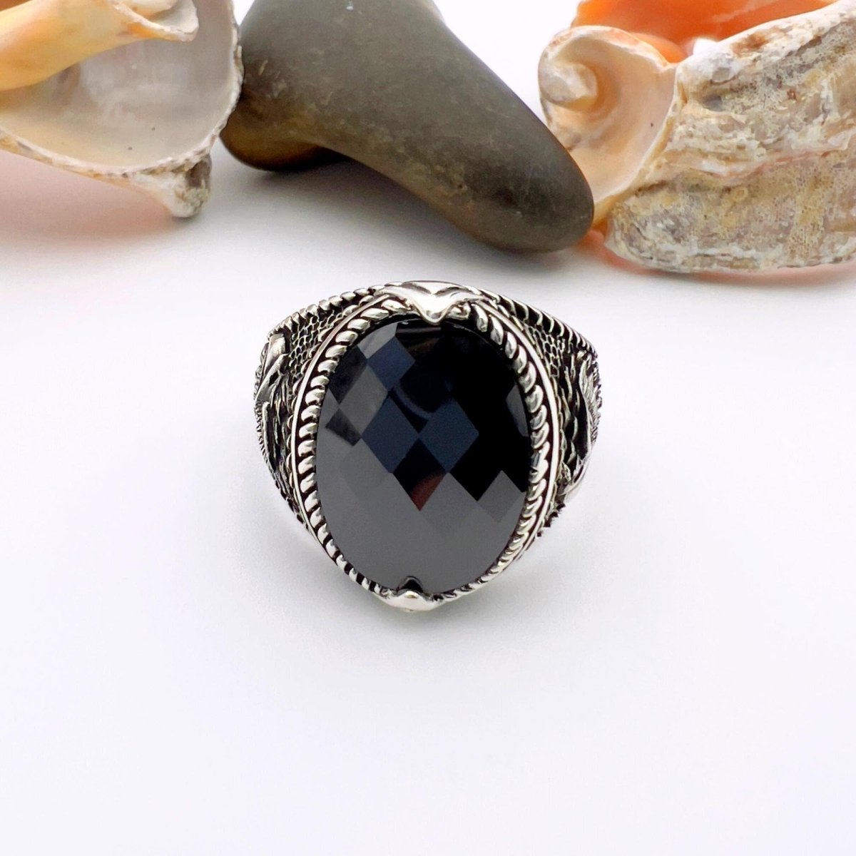 Eagle Detailed Men's Black Zircon Stone Silver Ring