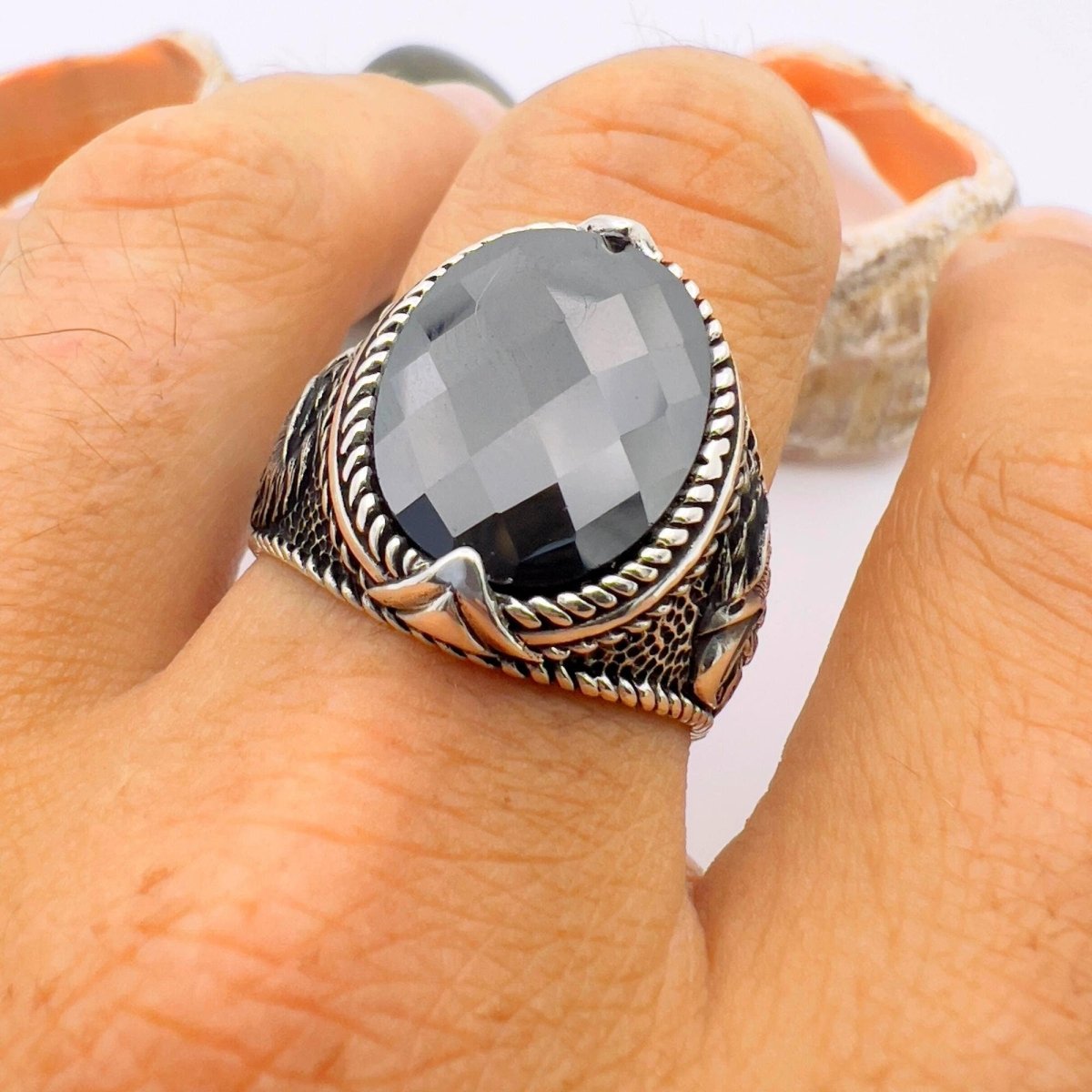 Eagle Detailed Men's Black Zircon Stone Silver Ring